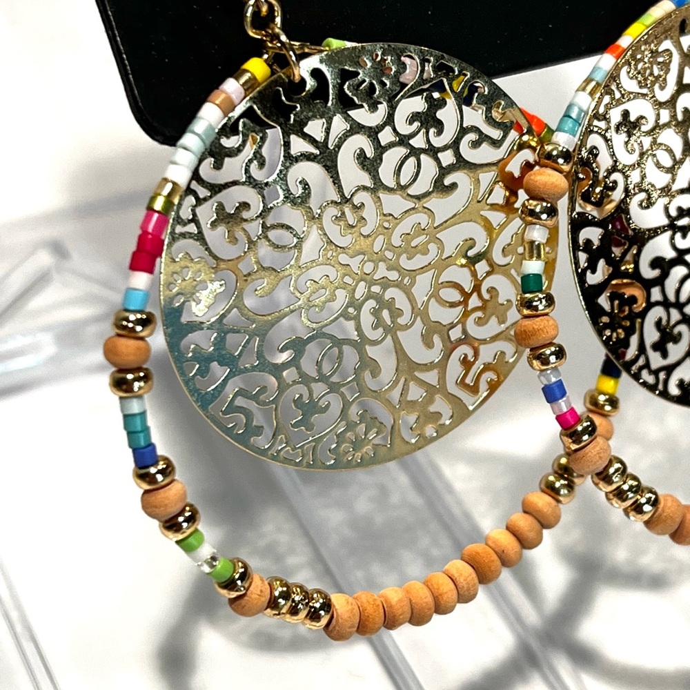 Designer Gold with Multicolor Beaded Hoop Earrings - Picture 8 of 14